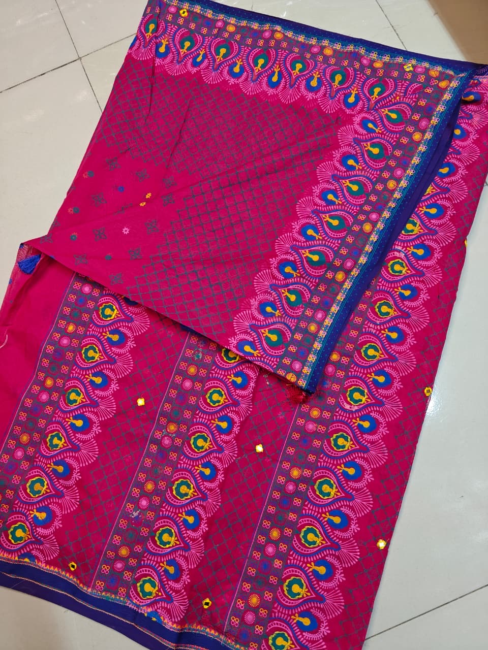 Premium Boutique Silk Saree | Deep Blue Peacock Border Design | Hand Embroidered | Matching Blouse Piec