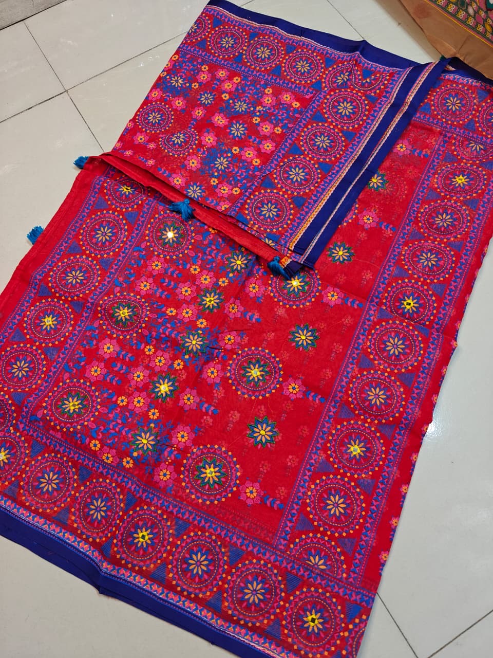 Premium Boutique Silk Saree | Violet Leaf Work Design | Hand Embroidered | Matching Blouse Piece