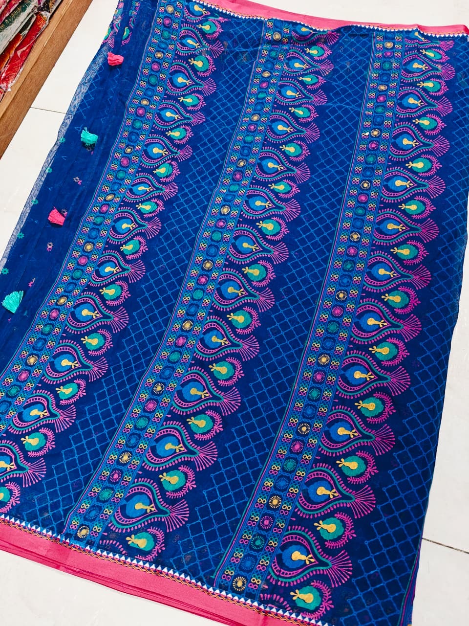 Premium Boutique Silk Saree | Royal Blue Sequin Square Design | Hand Embroidered | Matching Blouse Piece