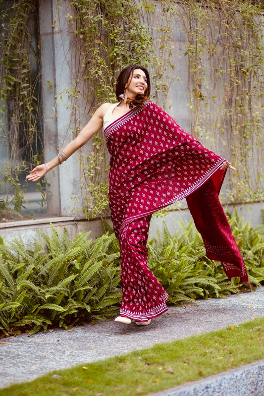 Deep Maroon Heritage Digital Print Saree