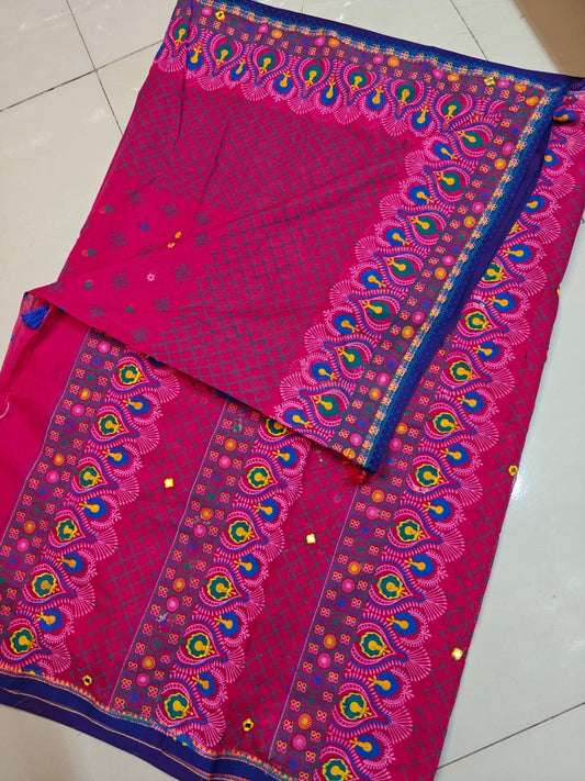 Premium Boutique Silk Saree | Deep Blue Peacock Border Design | Hand Embroidered | Matching Blouse Piec