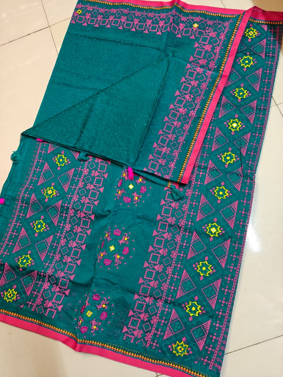 Premium Boutique Silk Saree | Hot Pink Peacock Design | Hand Embroidered | Matching Blouse Piece