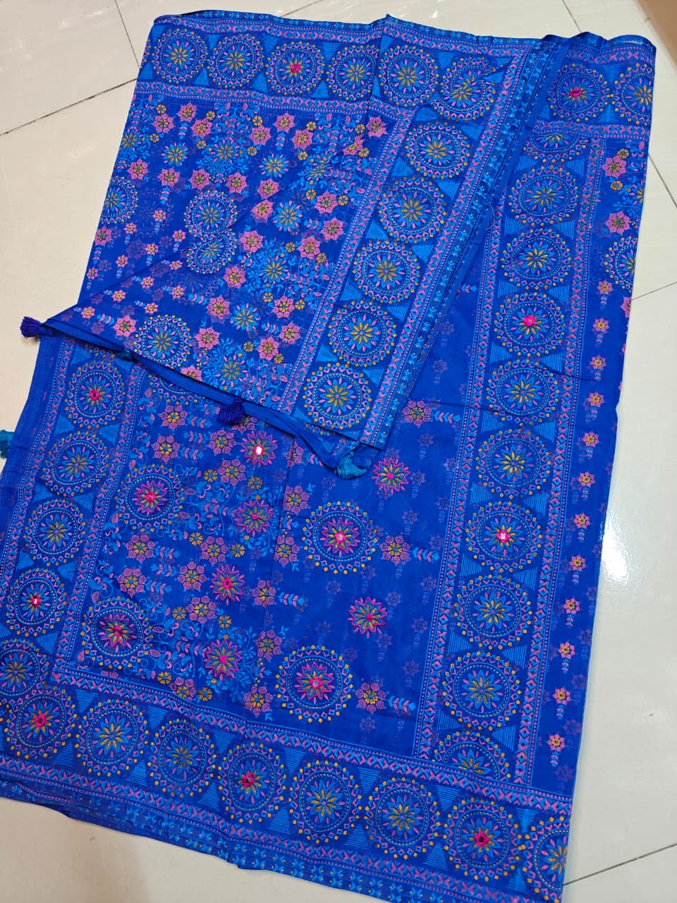 Premium Boutique Silk Saree | Royal Blue Floral Circle Design | Hand Embroidered | Matching Blouse Piece