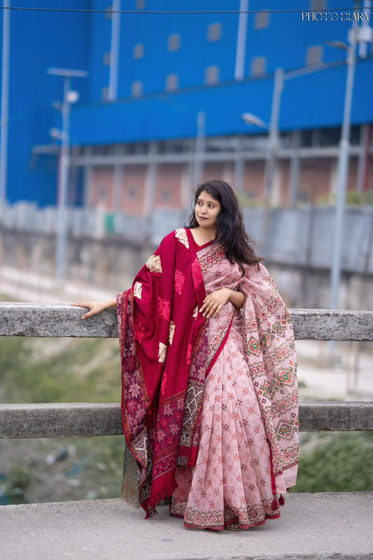 Premium Boutique Silk Saree | 14 Hands Long | Hand Embroidered & Thread Work | Matching Blouse Piece