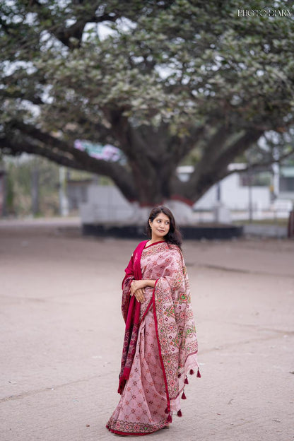 Premium Boutique Silk Saree | 14 Hands Long | Hand Embroidered & Thread Work | Matching Blouse Piece