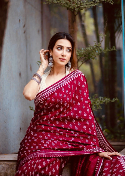 Deep Maroon Heritage Digital Print Saree