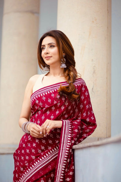 Deep Maroon Heritage Digital Print Saree