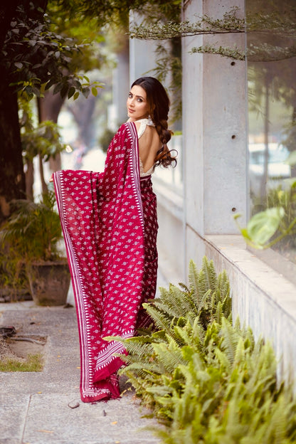 Deep Maroon Heritage Digital Print Saree