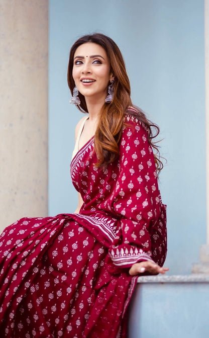 Deep Maroon Heritage Digital Print Saree