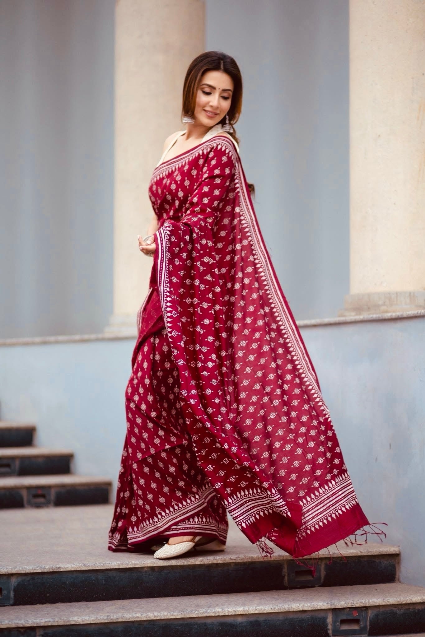 Deep Maroon Heritage Digital Print Saree